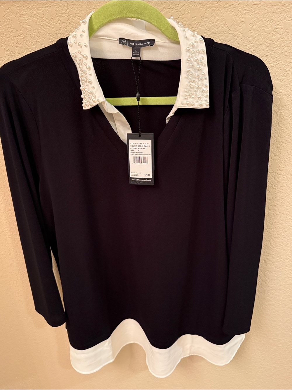 Adrianna Papell Black Button-Down Style Top with White Pearl Collar
